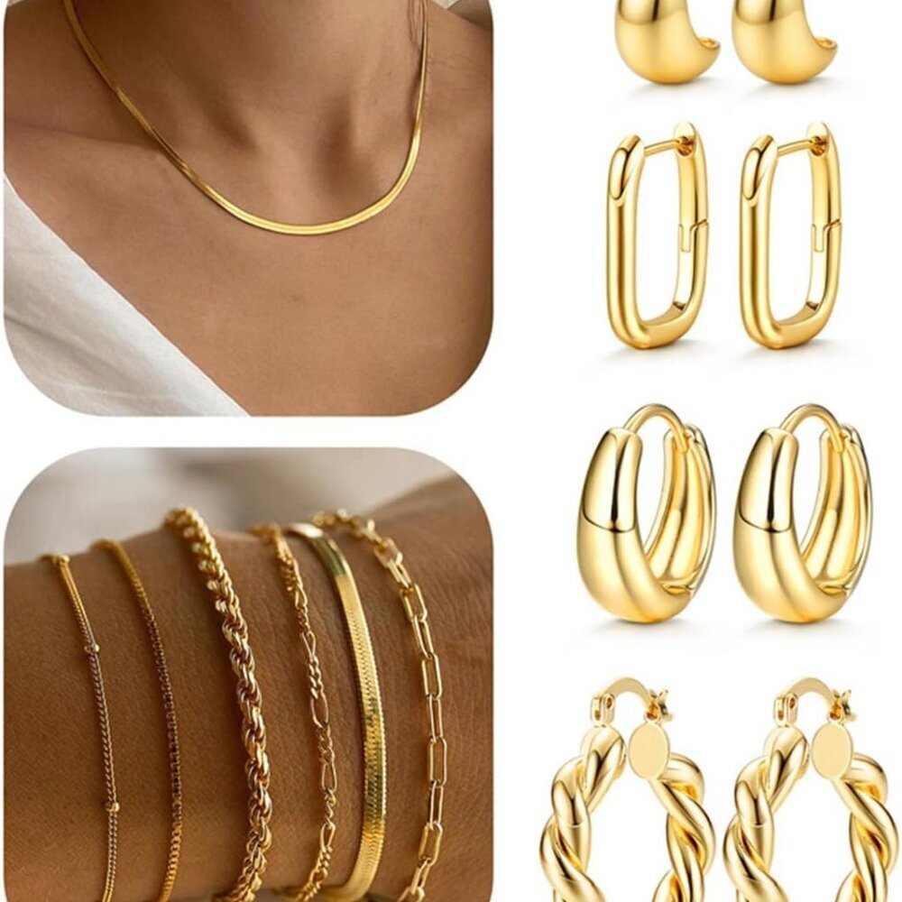 Gold Jewelry Set Women 14k Plated Earrings Bracelets Necklace Gift